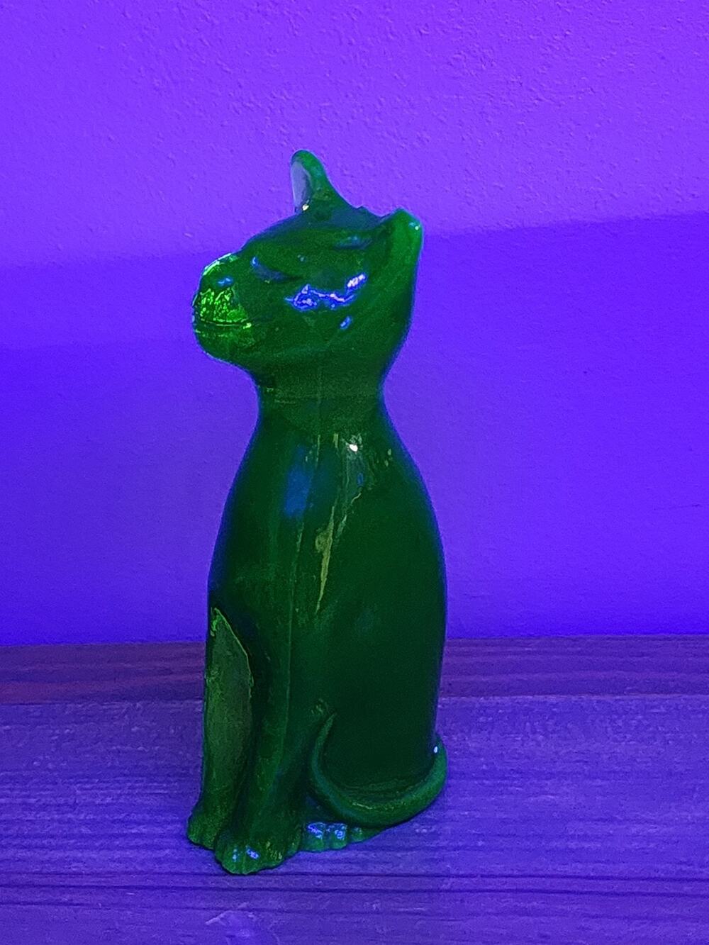 RARE Vintage URANIUM GLASS Avocado Green KANAWHA Glass 5” Smiling Cat